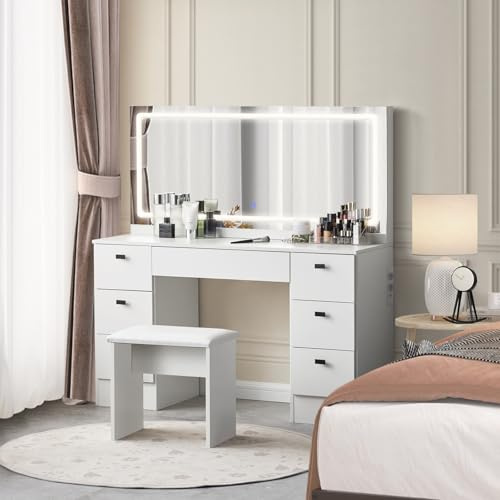 TUKAILAI Große Schminktisch mit mit Beleuchtung und Hocker,Weißer Frisiertisch mit 7 Schubladen und Ladestation, Einstellbare Helligkeit, Kosmetiktisch für Frauen,117x40x135cm