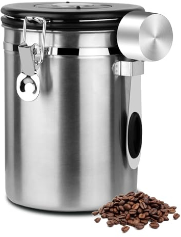 Walktosun Boîte à Café Hermétique, Bocaux de Stockage Conservation avec Cuillère Doseuse, Valve de CO2 et Cadran Dateur, Sec Saveur pour Café en Grains Moulu Noix Sucre Pâtes 1.8L (1PC - Argent)