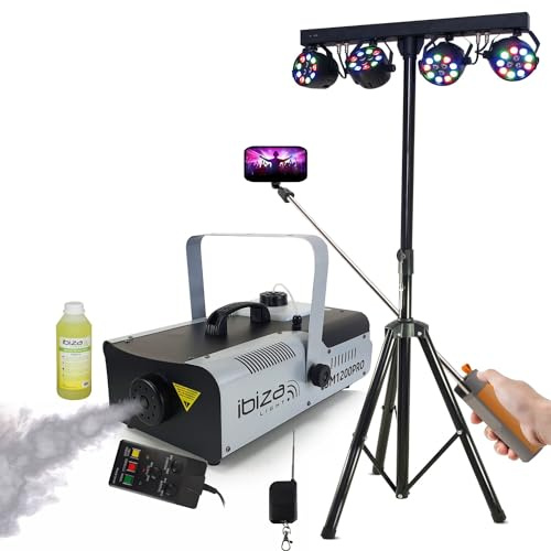 Ibiza - Pack Pied Lumière Portique DJ BOOST-LIGHT70 4 Projecteurs - Machine Fumée LSM1200PRO - Enceinte Perche FREESOUND-SELFIE
