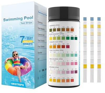 Ueomul pH Teststreifen Pool und Spa 7 in 1, 100pcs pH Messstreifen Wasser für Genaues Testen von Härte, Gesamtalkalität, Cyanursäure, Gesamtchlor, Freies Chlor, Brom und pH