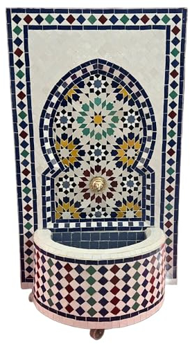 Marrakesch Gartenbrunnen Zimmerbrunnen aus original marokkanische Mosaik 107 cm Gross | Brunnen als Gartendeko Terassendeko & Balkon Deko | Springbrunnen Inkl. Pumpe für entspannenden Wasserfall