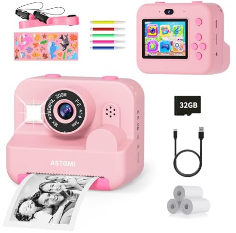 Camara Fotos Infantil instantaneas,Selfi Camara instanea,1080P 2,4''HD Video Camara Fotos Infantil para niños con Tarjeta SD de 32GB,Regalos de Juguete para niñas de 3 a 12 años Cumpleaños Navidad