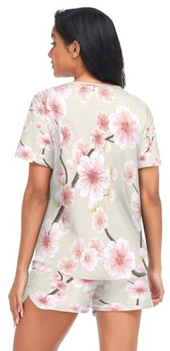 HMZXZ Damen Schlafanzug-Set Rosa Kirschblüte Sommer Pyjama Woman Set,japanisch Blume Loungewear und Shorts Lounge Set Sleepwear Nachtwäsche