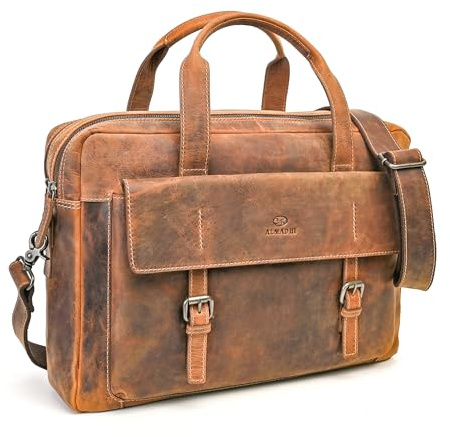 ALMADIH Leder Businesstasche Herren 15,6 Zoll Laptoptasche Braun Vintage - Leder Aktentasche ALEX Ledertasche Umhängetasche Unitasche Damen Arbeitstasche Dokumenten Schultertasche