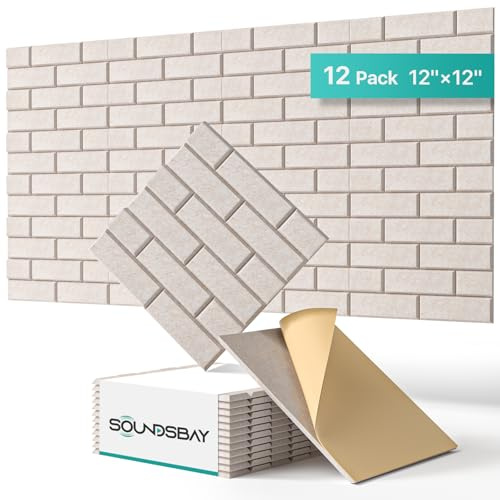 Soundsbay Brick Acoustic Wall Panels, 12 Pack Soundproofing Panels | Self-Adhesive High-Density Polyester, 11.6 sq ft Coverage, Sound Panels for Home Studio, Office, Recording Room 30x30cm Beige