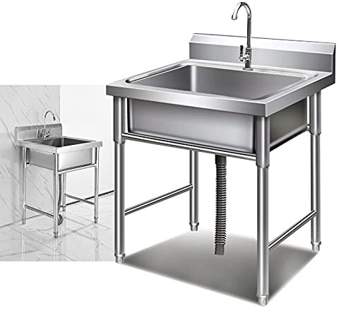 Commercial Stainless Steel Outdoor Garden Sink with Taps and Strainer - Single Trough Kitchen Sink for Home Bar Unit - Indoor/Outdoor Commercial