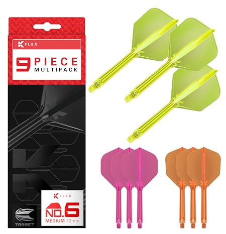Target Darts K-Flex Integrated Dart Flights and Shafts, Stiel Medium Länge (33 mm), Nr. 6-Flug, 9er-Pack, Neonpink, Orange & Gelb