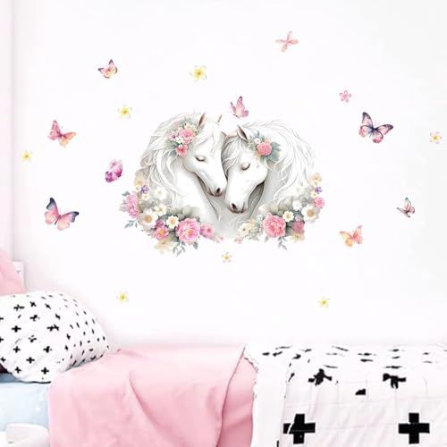 Purekay Wandtattoo Pferdekopf mit Blumen & Schmetterlingen Mädchen Groß Blüten Rosa Wandsticker Schlafzimmer Wohnzimmer Kinderzimmer Wanddeko
