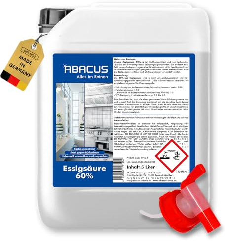 ABACUS® Essigsäure 60% | Hochkonzentrierte Essigsäure für Haushalt, Garten & Industrie | Vielseitig einsetzbar als Essigreiniger zum Reinigen & Entkalken | Individuell verdünnbar | 5 Liter