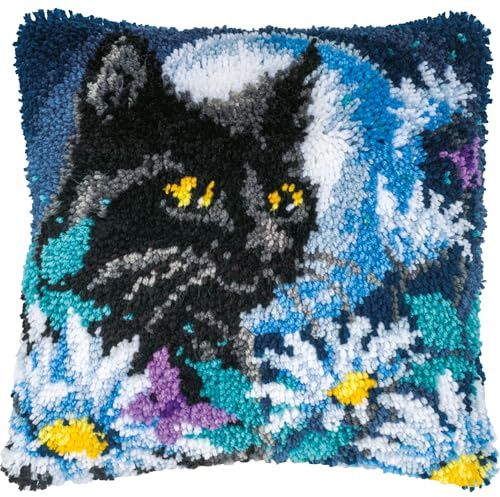 VERVACO Knüpfkissen Set Deko Kissenbezug Knüpfset für Anfänger KATZE IN DER NACHT Basteln Erwachsene Kreativ DIY Handarbeit Kissen zum Selber Knüpfe 40 x 40 cm Latch Hook Kit Knüpfhaken Kissen