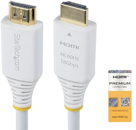 StarTech.com 6ft (1.8m) Premium Certified High Speed HDMI Cable, 4K 60Hz/1440p 144Hz, 18Gbps, UHD HDMI 2.0 Cord, TPE Jacket, White
