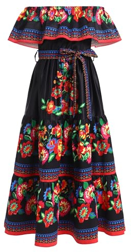 EFOGEP Robe d'été mexicaine pour fille - Robe d'été bohème florale - Robe drapée avec épaules dénudées - Robe traditionnelle Cinco de Mayo Fiesta - Robe folklorique bohème décontractée, Noir , 5-6 ans