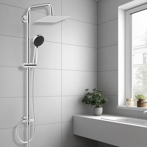 ‌Hibbent Set de Ducha de Lluvia en Metal con Mano 3 Modos, Altura Ajustable, Kit sin Grifería, Válvula de Desvío en Latón, Cromado