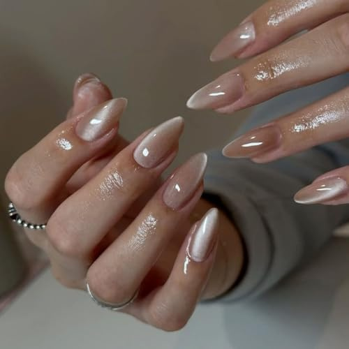 KQueenest Cateye Press On Nails - 30 Stück Glitzer Nude Nägel zum Aufkleben Kurz Mandel, Sparkle Bling Fake Nails Künstliche Fingernägel zum aufkleben, Glänzende Acryl Nägel für Frauen Maniküre