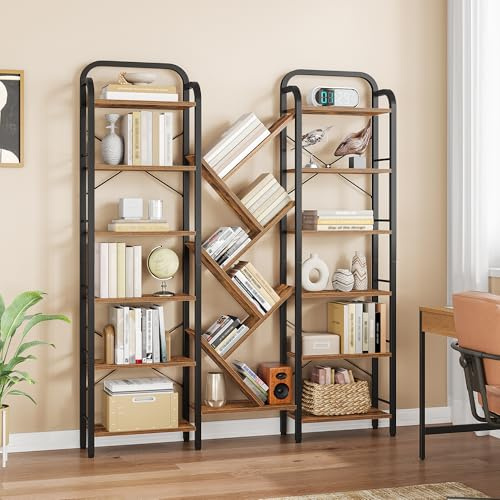 HEXCELEN 198,5 cm Bücherregal 6 Tier Bücherschrank Vintage Braun-Schwarz | 18 Fächer Baumförmiges Bücherschrank, Standregal, Verstellbare Ablagen, für Arbeitszimmer, Wohnzimmer, 24 x 152 x 198,5 cm