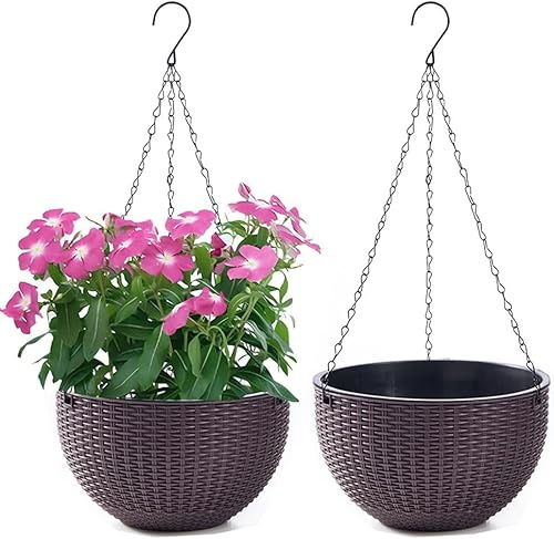Blumenampel Hängend Außen und Innen Kunststoff Hängetopf für Pflanzen 2 Stück Blumentopf Hängend Hängeampel mit Kette Selbstbewässerung Hängepflanztöpfe für Blume Decken Balkone Garten (Braun)
