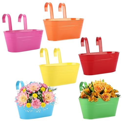 SHUESS 6 Pcs Iron Over Fence Planters - Balcony Planters for Railing with Detachable Hook - Metal Hanging Plant Pots Outdoor for Fence Balcony Garden, 6 Colours