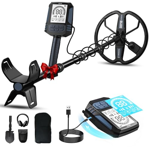 SUNPOW Detector de Metales Recargable - Bobina D Doble de 11 Pulgadas, Batería de Litio de 35h, 10 Niveles de Sensibilidad, 4 Modos de Búsqueda, 7 IDs de Metales, con Pala, Mochila y Audífonos