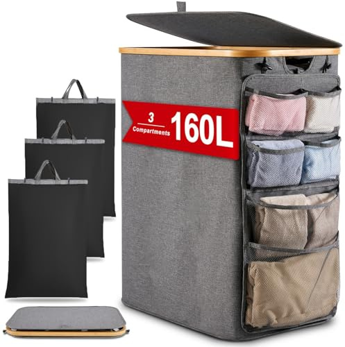 RETSAMV Faltbarer Wäschekorb mit Deckel 160L Aufbewahrungskorb mit 3 wäschesack Hängetasche Wäschebox für Badezimmer Schlafzimmer Waschküche (Gray)