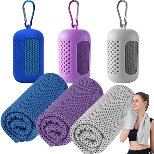 Puasok 3 Pcs Toallas de Enfriamiento 30x90cm, Toalla Refrescante de Microfibra Toallas para Gimnasio con Estuche de Silicona, Secado Rápido para Deporte Gimnasio Viaje Yoga (Azul, Violeta, Gris)