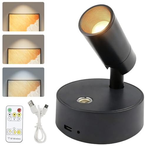 Wiederaufladbarer LED Strahler, 3 Farben Dimmbar Wandstrahler Innen LED mit Fernbedienung Timer, 360° Drehbare Wandlampe, Bilderleuchte Kabellos für Pflanzenbild, Kunstwerk, Schrank, Zimmer, Wohnzimme