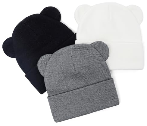 LACOFIA Baby pojkar flickor vintermössa med björnöron småbarn varm stickad mössa mjuk vintermössa hatt från 0 till 36 månader, Svart + grå + vit, 0-6 månader