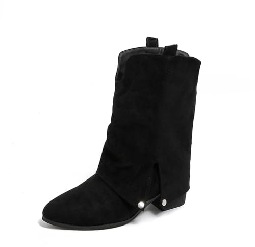 Generisch Botines de moda con abertura lateral de media pantorrilla media, botas cómodas con tacón grueso para ropa casual en invierno, Negro , 38 EU