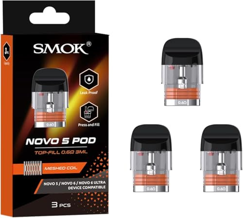 Smok Novo 5 Meshed de 0,6 ohm Cartucho (3 ml, llenado superior) 3 unidades de bobina de malla compatible con Novo 5 / Novo 6 / Novo 6 Ultra Kit