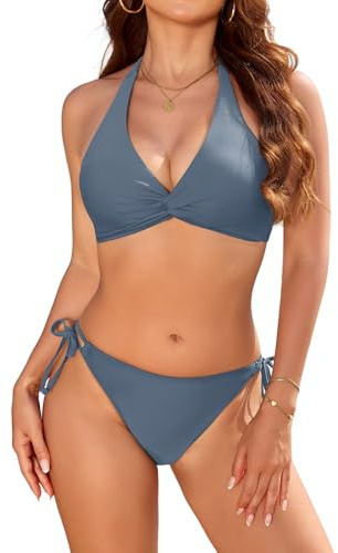 Nadeer Maillot de Bain Femme 2 Pieces Sexy Ensemble Bikini Torsadé Halter Ties-up Col en V Taille Basse Bas Laçage Maillots Deux Pièces de Sport Plage Été