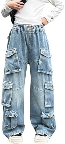 Salr Jeans Cargo Baggy para Niña Cintura Elástica Y2K Pantalones de Carga con Múltiples Bolsillos Escuela Streetwear para Niños y Adolescentes 5-14 Años, azul, 10-11 Años