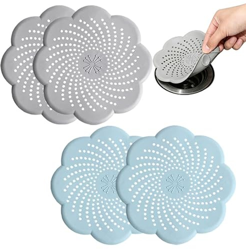 Vmoomax 4PCS Silicone Drain Cover, Hair Catcher and Sink Strainer for Bathroom Shower Drains, Bathtubs, Kitchen Sinks and Laundry Areas, Reusable Drain Protector Set for Clog Prevention (2Blue, 2Grey)