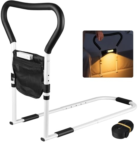 CISSIYOG Cama para personas mayores, asas ajustables en altura para personas mayores, ayuda para entrar en la cama con luz LED sensor con bolsillo, asa de cama, ayuda para levantarse, barandilla de