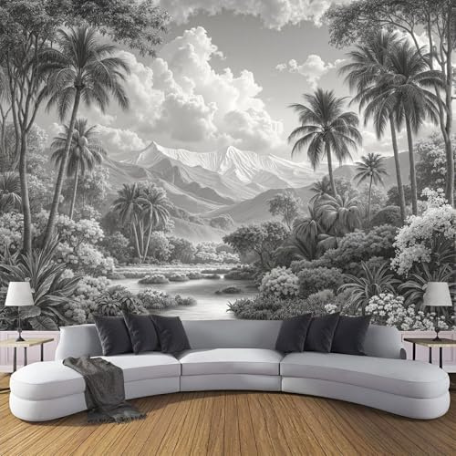 DLERFLOVR Papier Peint Panoramique Tirages En Noir Et Blanc 400x280cm - Tapisserie Panoramique Forêt Tropicale Humide Revêtement Murale Gris Anthracite Décoration Murale pour Salon, Chambre, Bureau