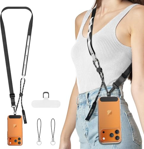 SURPHY Cordino per Cellulare Antifurto Luminescente, Laccio per Cellulare Multifunzione da Tracolla per Telefono, Porta Cellulare da Collo Rimovibile per Corsa all‘Aperto e Ciclismo Notturno, Nero