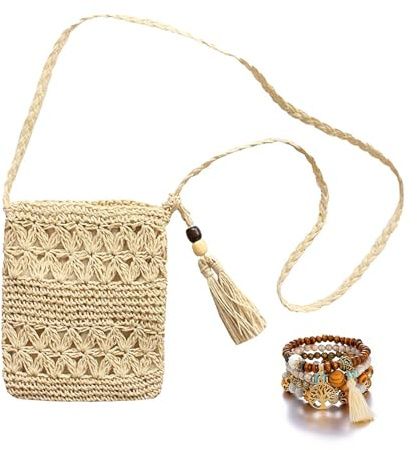 KbouZgxa Strohtasche Damen, Strandtasche Klein mit Boho Armband, Sommertaschen für Strandurlaub und Alltag, Handgewebte Basttasche mit Vintage Stil