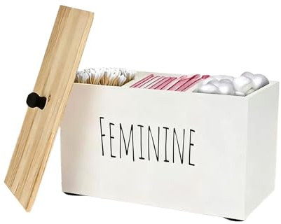 Badezimmerbehälter Mit Deckel – 20 X 13 X 15,3 Cm, Femininer Organizer Aus Holz, Quadratische Aufbewahrungsbox Für Wattepads, Dekorativer Schminktischhalter | Diskrete Lösung Für Die Körperpflege In T
