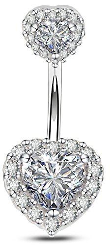 OUFER 14G Piercing au Nombril Acier Chirurgical Argent Femme Anneau de Nombril Barbell Coeur CZ Zircons Fille Bijoux de Piercing