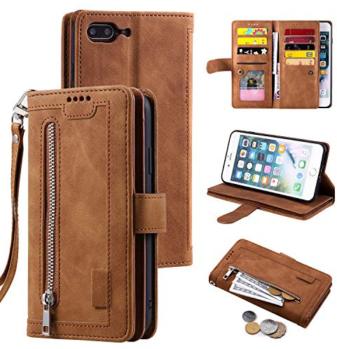 UEEBAI Wallet Case for iPhone 7 Plus iPhone 8 Plus, Retro 9 Card Holder Slots Zipper Pocket Handbag Case PU Leather Magnetic Closure Kickstand with Wrist Strap TPU Shockproof folio Case - Brown