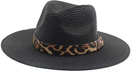 Sonnenhut Strohhut Hut Damen Strohhüte Männer Frauen Leopardenband Lässig Vintage Solide Sonnenhüte Weiß Strand Reise Sonnenschutz Hüte-Schwarz_56-58Cm