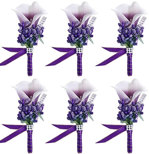 Febou Calla Lily Boutonniere Men Wedding with Pins Set of 6, Handmade Picasso Calla Lily Groom Groomsman Boutonniere for Wedding Ceremony Anniversary (Purple)