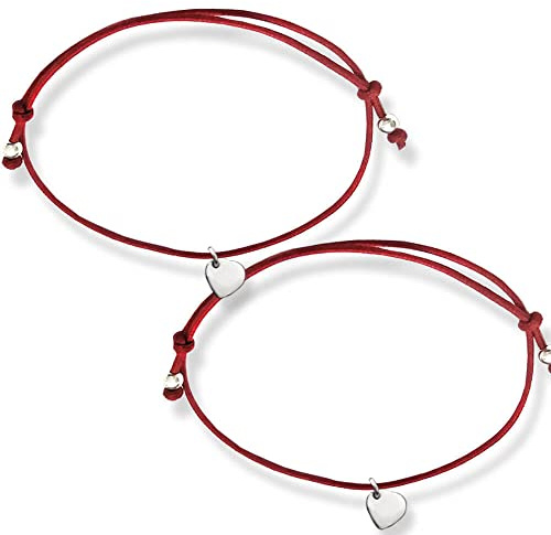 Coppia di braccialetti filo rosso del destino con cuori in argento