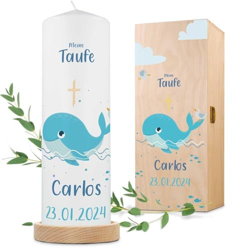 GRAVURZEILE Bedruckte Kerze - Taufkerze Wal - brilliant bedruckte Kerze zur Taufe - Personalisiertes Taufgeschenk für Mädchen & Jungen - Hochwertige Stumpenkerze 250/80 mm