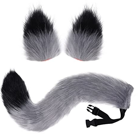 Fox Wolf Cosplay Tierohren Schwanz Set Wolf Ohren Schwanz Kostüm Handgefertigtes Fuchs Wolf Ohren Halloween Kostüm Cosplay Kopf Zubehör Fuchsohren (Grau+Schwarz)