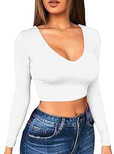 TOEECY Haut Court à Manches Longues Femme Sexy Col V Profond Knit Manche Longue Pull Court Basiques Ajusté Moulant Haut Sweatshirt Haut de Mode Couleur Unie Top Slim Fit T-Shirt (Blanc,S)