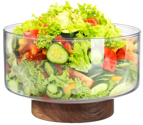 Angoily Glass Salad Bowl with Wooden Stand, Glass Fruit Basket, Clear Dessert Bowl for Fruit Home Kitchen Counter Accessory