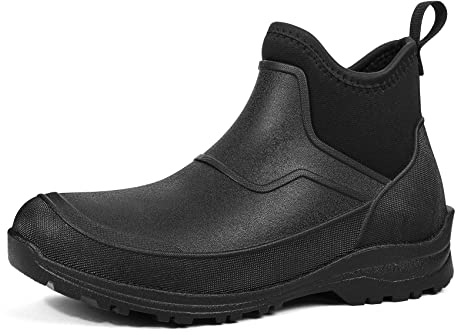 DKSUKO Men's Waterproof Neoprene Ankle Boots,Durable Insulated Rubber Slip On Water Deck Boots,Outdoor Rain Footwear,Anti-Slip Mud Shoes