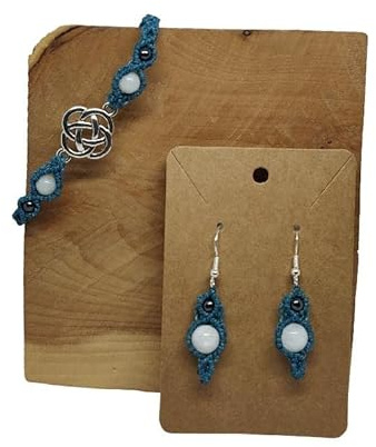 Parure Micro-Macramé Pierre de Lune & Hématite – Bracelet + Boucles d’Oreilles – Fait Main en France | Bleu Canard, Bijou Énergétique, Pierre Naturelle