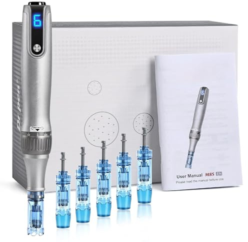 Professioneller Dermapen, M8s Microneedling Stift mit 6 Ersatzpatronen (3 x 12 Pin + 3 x 36 Pin), drahtlos und 6 Geschwindigkeitsstufen einstellbar, Anti-Aging-Hautpflege-Werkzeuge