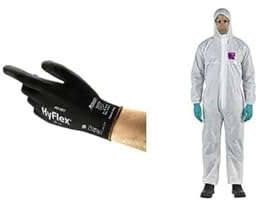 HyFlex 48-101, Lightweight Stretch Fit Nylon Liner, Safety Gloves Black, 10 (XL) + AlphaTec 1500 Model 138, Disposable Work Overall with Hood, Chemical Protection Type 5/6 ,Size XL (1 Unit)