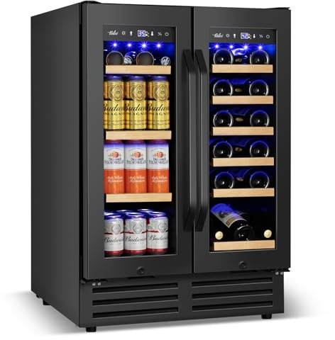 Wine and Beverage Refrigerator Black, 24 Inch Beverage Cooler Under Counter Dual Zone with Glass Door&Lock, 18 Bottles and 68 Cans Large Capacity for Beer Soda Drink, Built-In or Freestanding Fridge